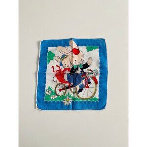 Vtg Child's Hankie from the 1940s, Bunnies on a Bicycle, Whimsical Novelty Print